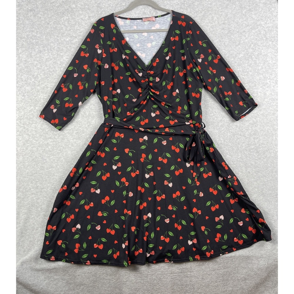Popsy Cherry Heart Print Wrap Dress Black Womens 22 US 18 Playful‎ Retro